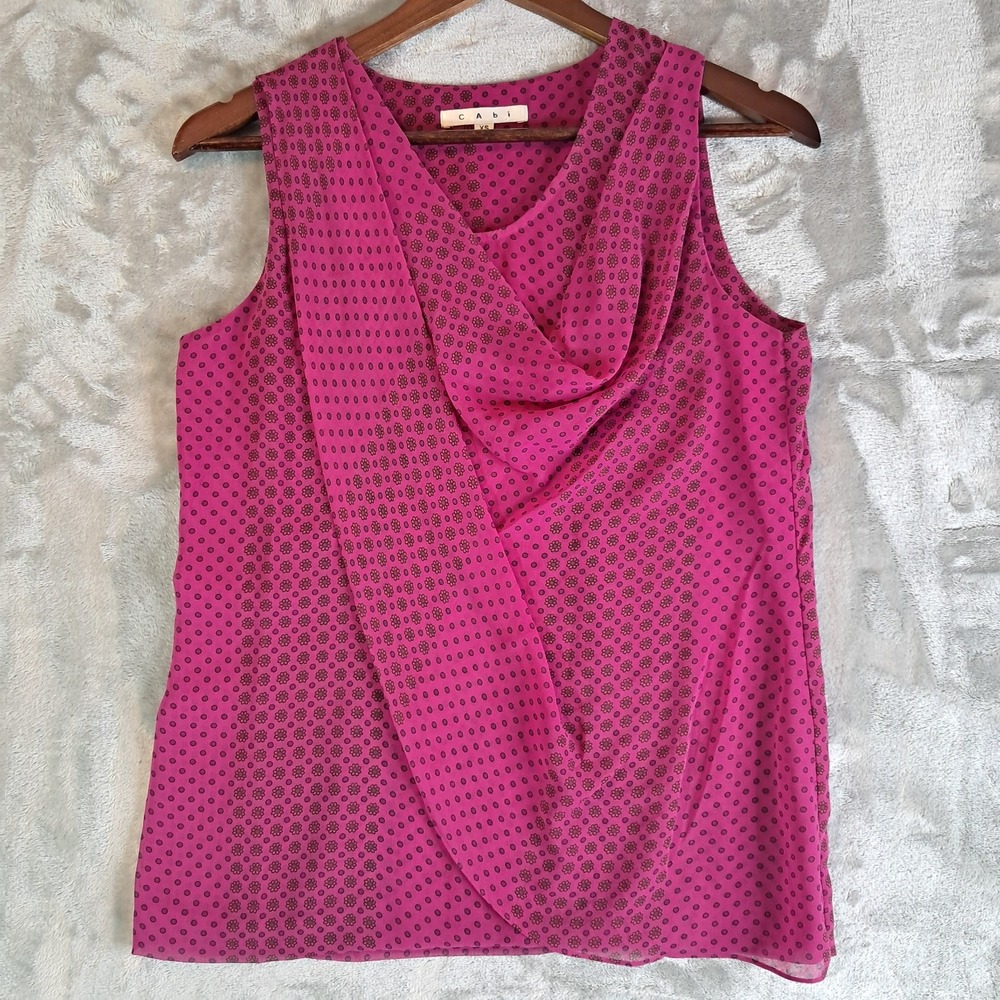 cabi Womens XS Magenta Pink Geometric Print Cowl Neck Drape Front Tank Top 983